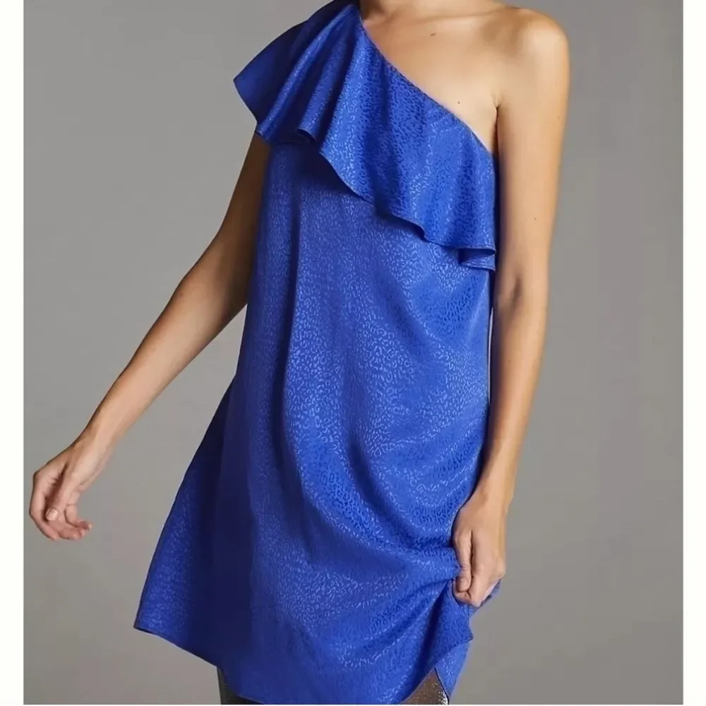Anthropologie Ruffled One-Shoulder Mini Dress in Blue, Size 0 NWOT